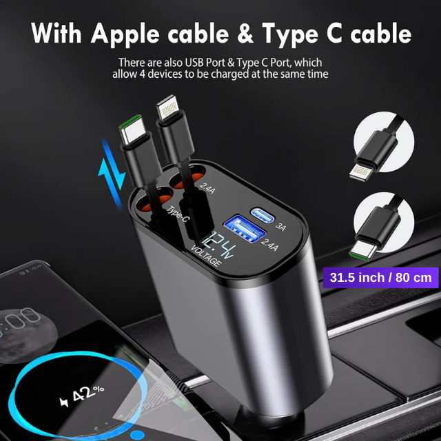 4 in 1 Retractable 100W Car Charger