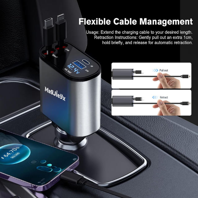 4 in 1 Retractable 100W Car Charger